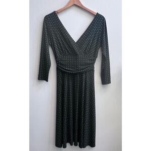 Maggy London V-Neck 1/4 Sleeve Geometric Green Yellow Print Mod Dress Size 10